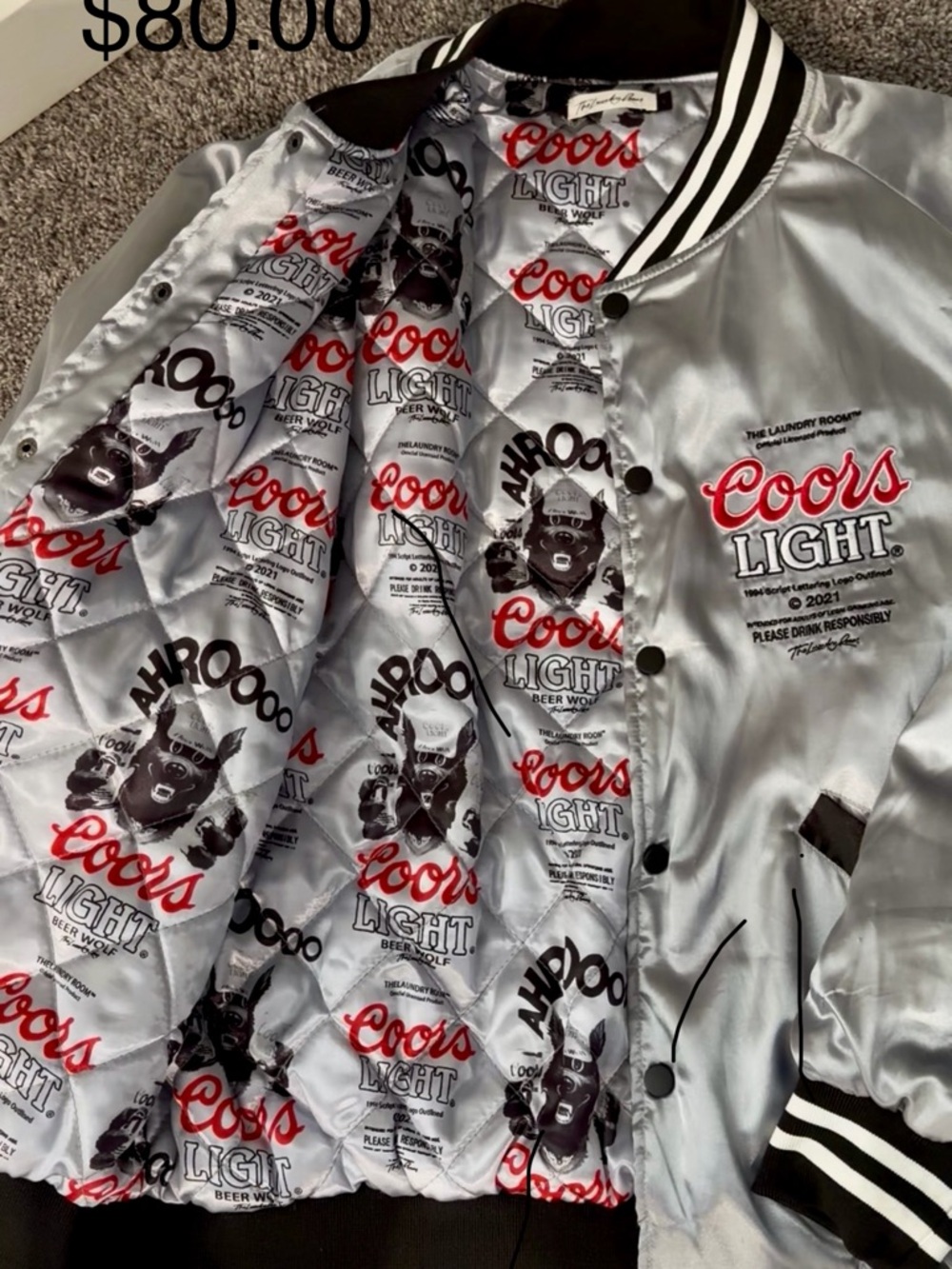 The Laundry Room Coors Light Silver Bomber Jacket with Red Logo